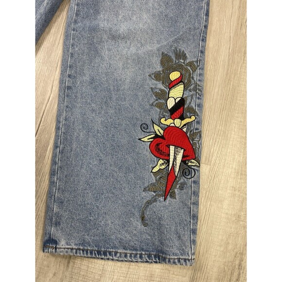 NWT Ed Hardy Heart Dagger Love Wide Leg Loose Fit Retro Light Jeans Size 32 J - Picture 6 of 11
